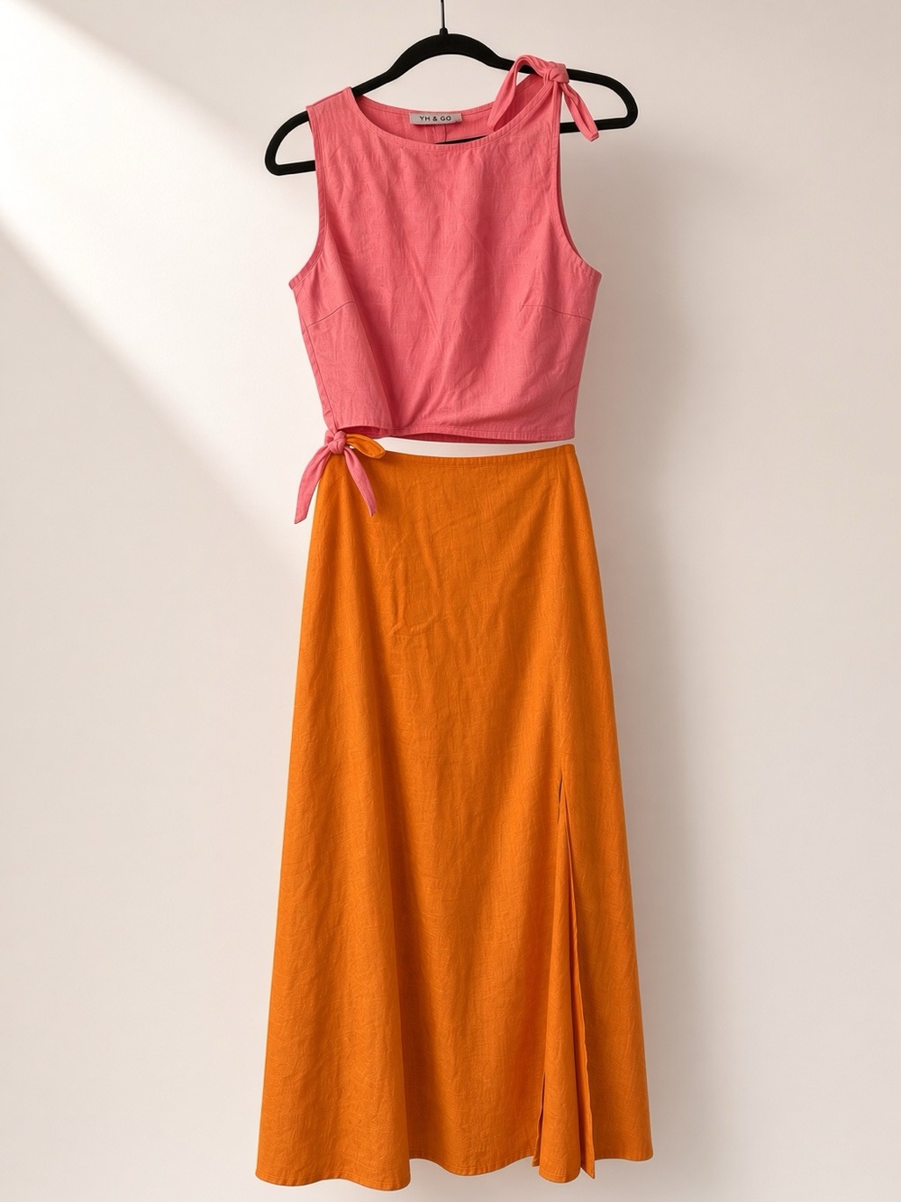 YH&Co Linen Pink Tie-Waist Crop Top with Orange A-Line Skirt-